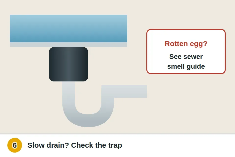 Slow-draining sink with standing water over the disposal and the P-trap below, next to a sewer smell note pointing to a different guide