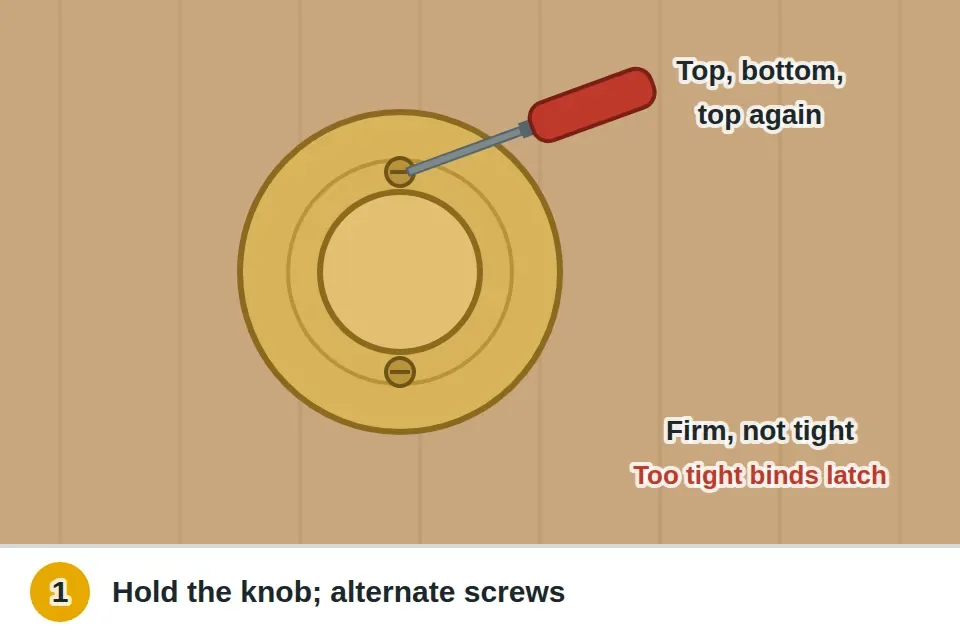 Screwdriver tightening the two screws on the inside rose, alternating between them while the outside knob is held still