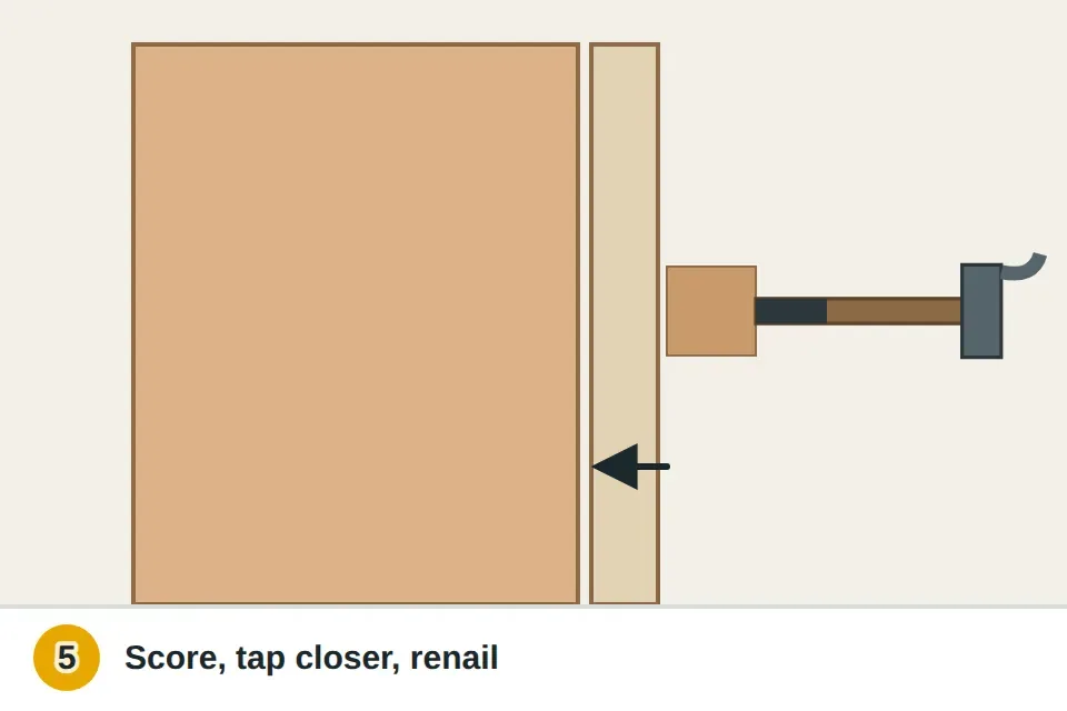 Hammer and a scrap block tapping the door stop molding toward the closed door, with a utility knife scoring the paint line first