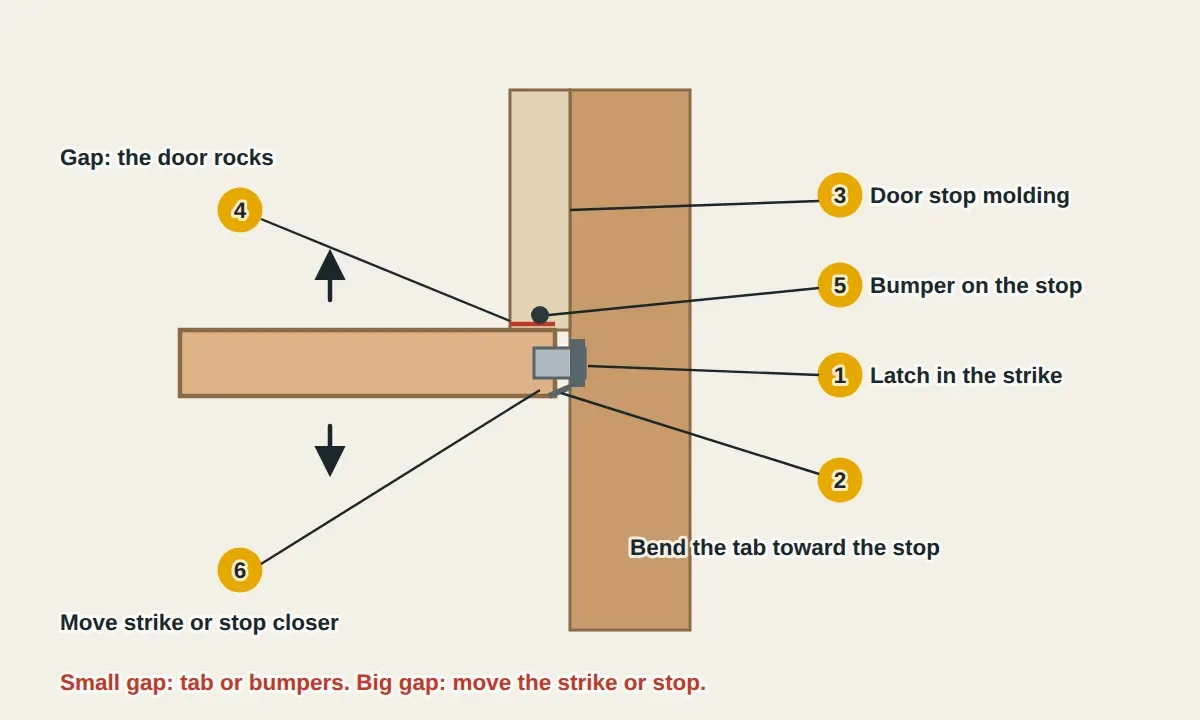 Top-down cutaway of a closed door in its jamb: the latch bolt sits in the strike plate with a small gap, the face of the door is a little away from the door stop molding, and arrows show the door rocking. Fixes are labeled: bend the strike plate tab toward the stop, move the strike plate closer to the stop, add soft bumpers on the stop, or tap the stop molding toward the door and renail it.