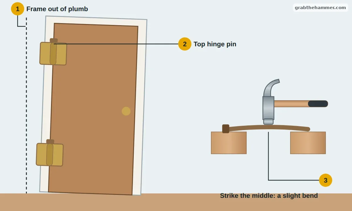 Door hanging in a frame that leans slightly out of plumb, and a hinge pin laid across two wood blocks being struck in the middle with a hammer