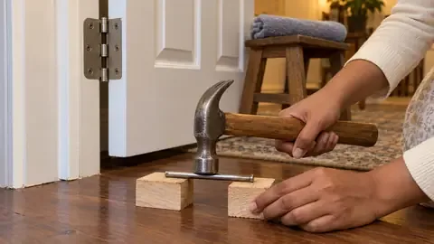 Striking a hinge pin resting on two wood blocks to give it a slight bend