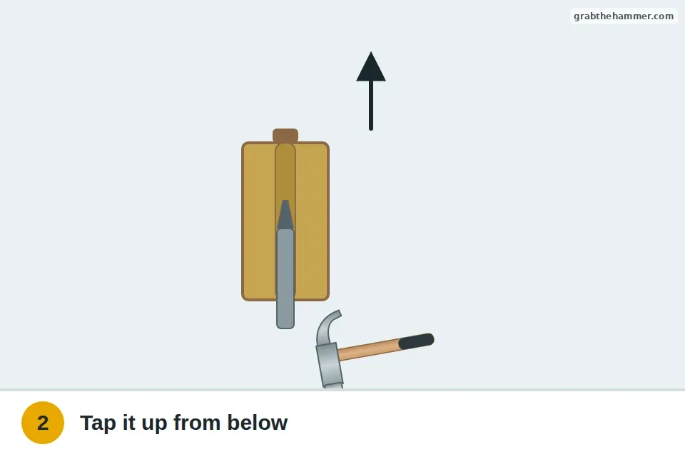 Nail set under the head of a hinge pin being tapped upward with a hammer
