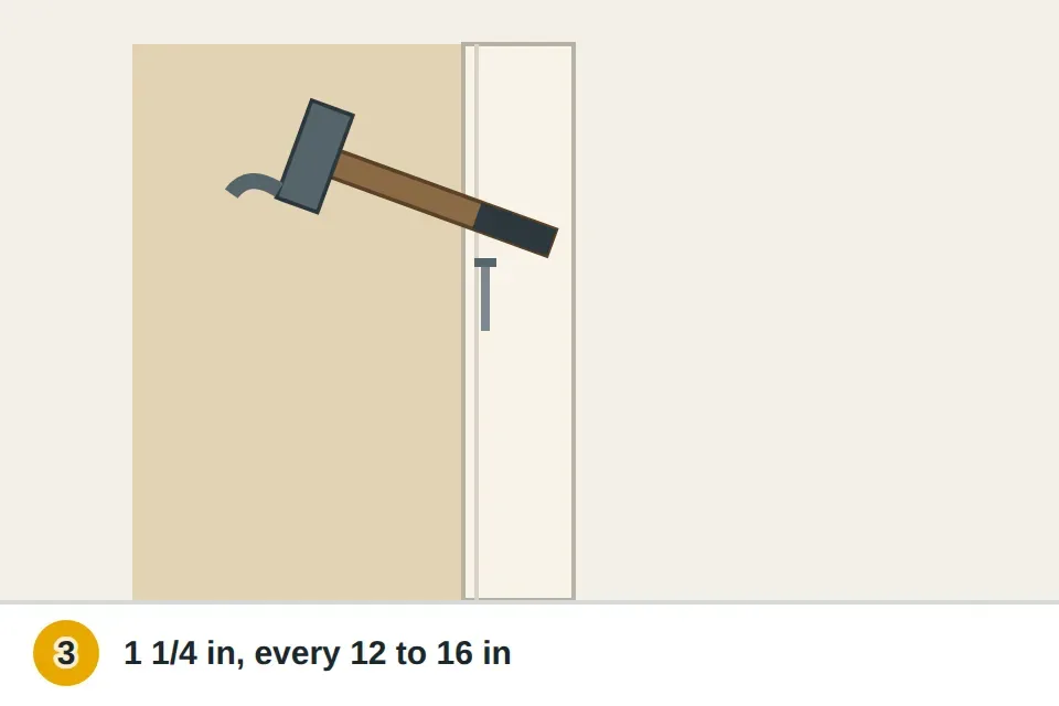 Hammer driving a short finish nail through the inner edge of the casing into the edge of the door jamb