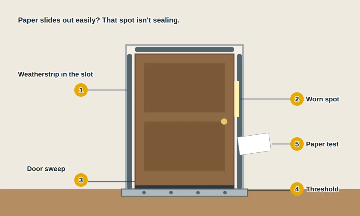 An exterior door and its frame with the weatherstrip pressed into the slot along the sides and top, the door sweep on the bottom of the door, the adjustable threshold below it, daylight showing through a worn section, and the paper test.