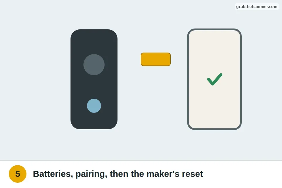 Wireless doorbell with its battery being replaced and a phone showing it paired