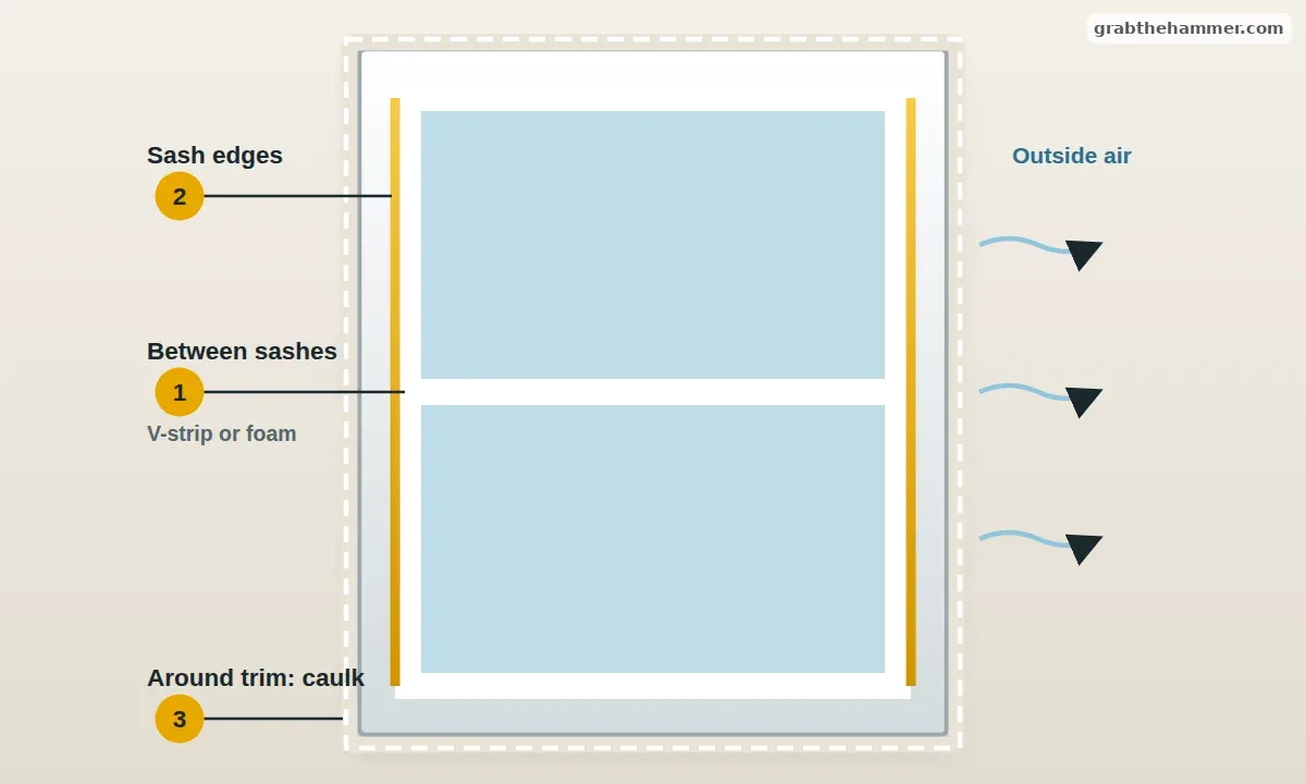 Double-hung window showing air leaks between sashes, along sash edges and around the trim