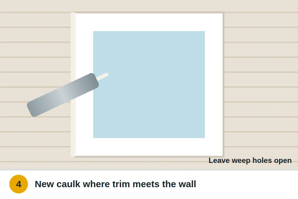 Fresh exterior caulk bead run where the window trim meets the siding