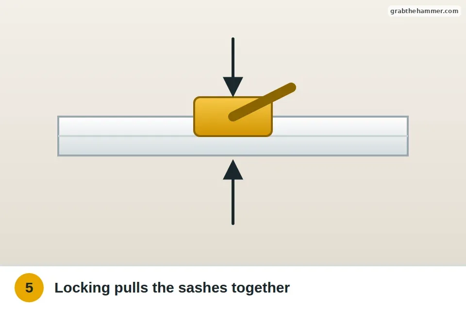 Window sash lock turned closed, pulling the two sashes tight together