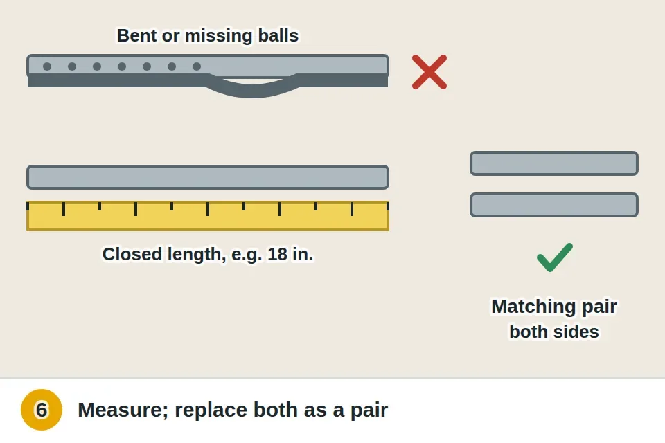 Bent slide rail with missing balls marked bad, a tape measure reading the closed slide length, and a matching pair of new slides