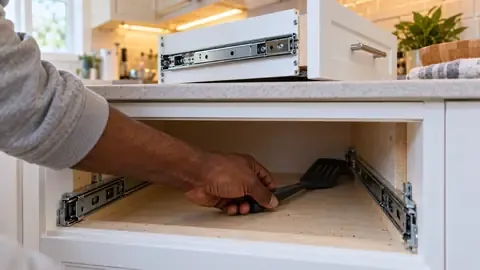 Reaching into an empty drawer opening to pull out a spatula jammed behind the slides