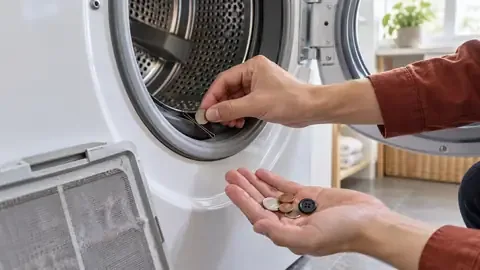 Pulling a coin from between the drum and front seal of a dryer, with more coins in an open hand