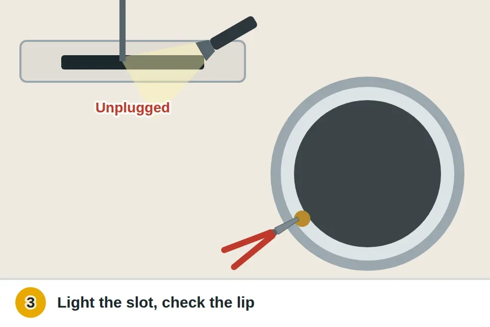 Flashlight shining into the empty lint screen slot while a long brush reaches in, and pliers pulling a coin from the gap at the drum's front lip
