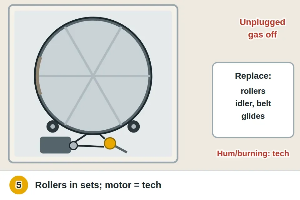 Inside a dryer with the cabinet open and the power unplugged: worn drum rollers, the idler pulley and a cracked belt marked for replacement, with motor grinding or burning smell flagged for a technician