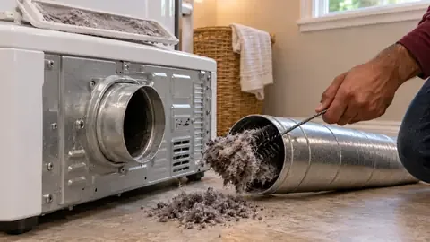 Pulling a mat of lint out of a disconnected dryer vent duct with a long brush
