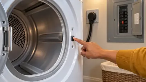 Pressing the door switch inside a dryer opening, with the breaker panel on the wall behind