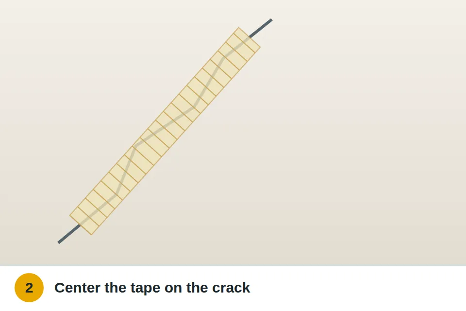 Self-adhesive mesh tape pressed along a drywall crack, centered over it