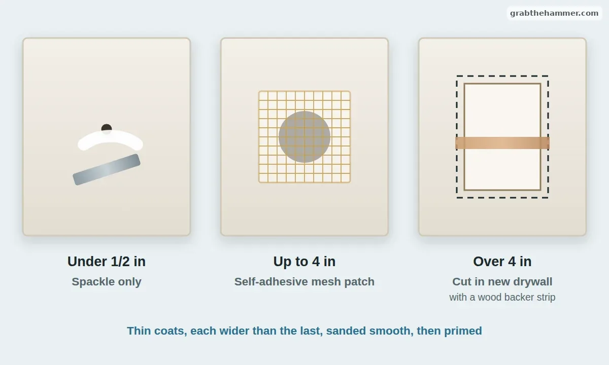 Drywall repair by size: spackle for nail holes, a mesh patch for doorknob damage, a new piece for large openings
