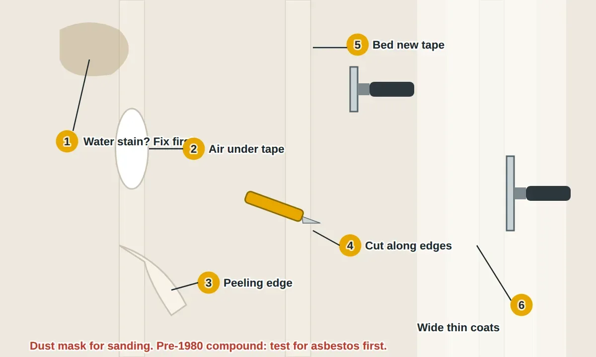 A drywall seam where paper tape has bubbled and peeled away: the air pocket under the tape, a water stain above to check for moisture first, the loose tape cut out with a utility knife along its edges, a torn spot in the drywall paper sealed with primer, new paper tape bedded in joint compound with a 6-inch knife, and two wider thin finish coats feathered out with a 10-inch knife before sanding and priming.