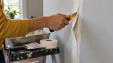 Cutting away a bubbled strip of drywall tape with a utility knife, new tape and mud nearby