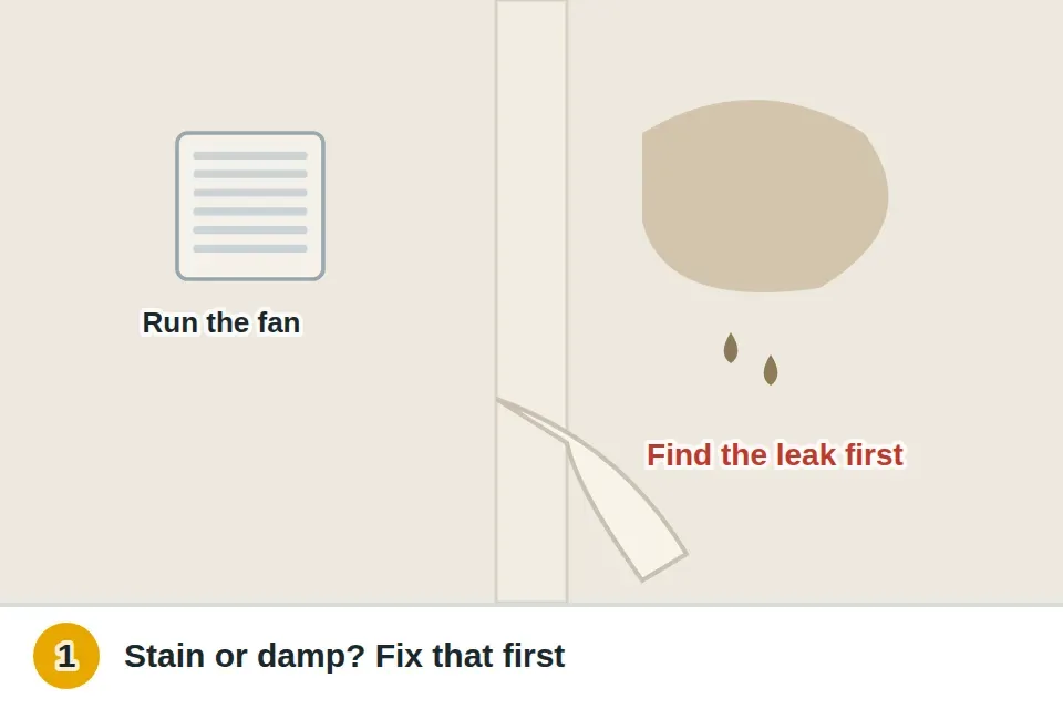 Peeling drywall seam on a ceiling with a brown water stain beside it and a musty smell, with a reminder to stop the leak or run the bathroom fan before re-taping