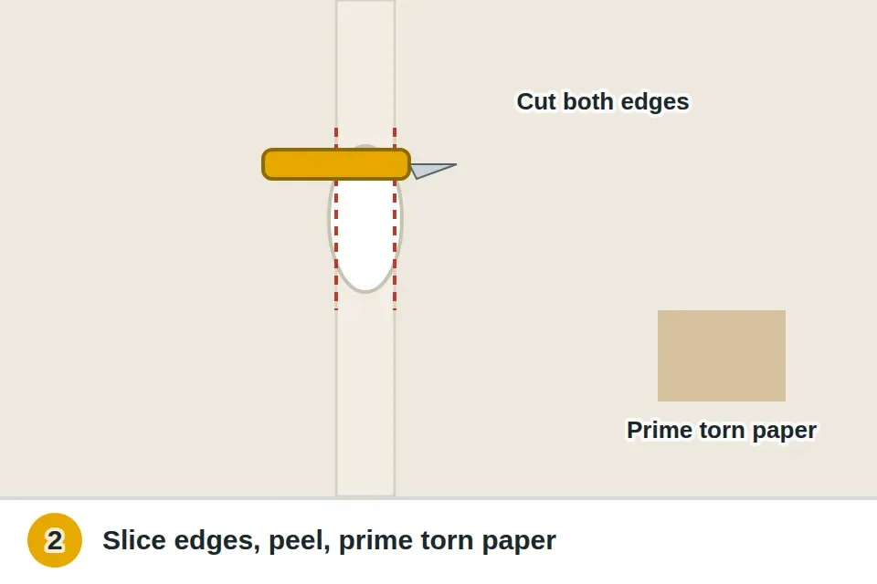 Utility knife slicing along both edges of the bubbled tape and across the ends where it's still stuck, the loose piece peeled away, and a torn spot in the paper face sealed with stain-blocking primer