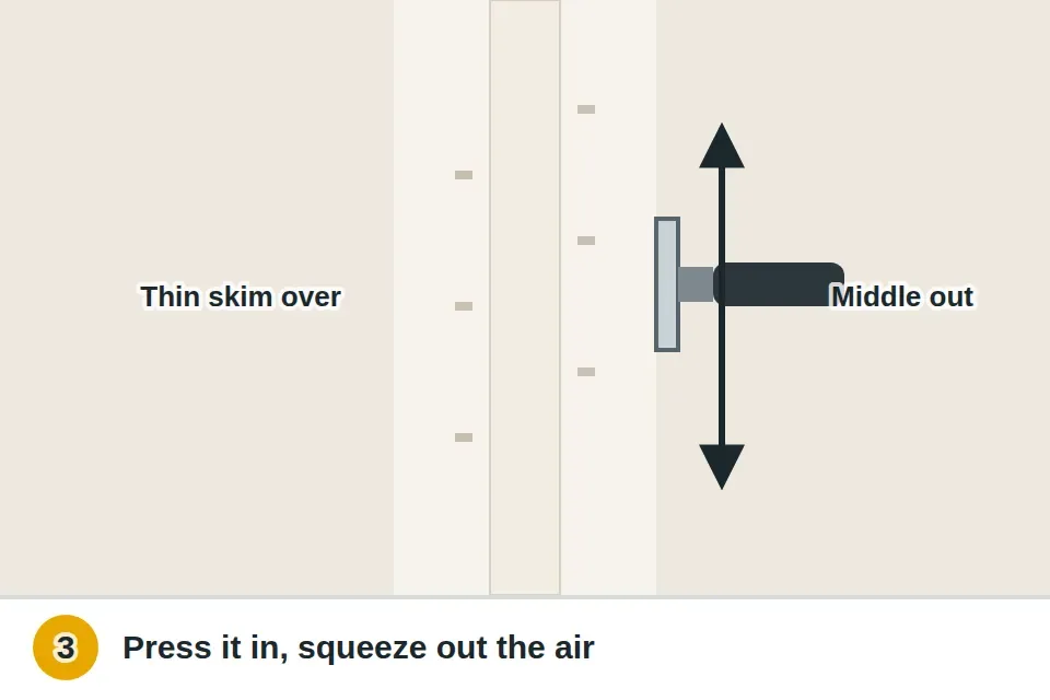 Six-inch knife spreading joint compound over the seam, paper tape pressed in centered on the seam, and the knife pulled firmly along the tape from the middle out so compound squeezes from the sides
