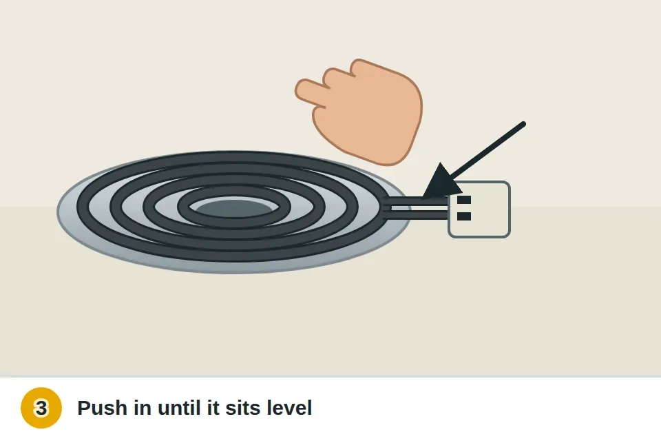 Coil burner being lifted slightly at the edge and pushed firmly back into its socket until it sits level