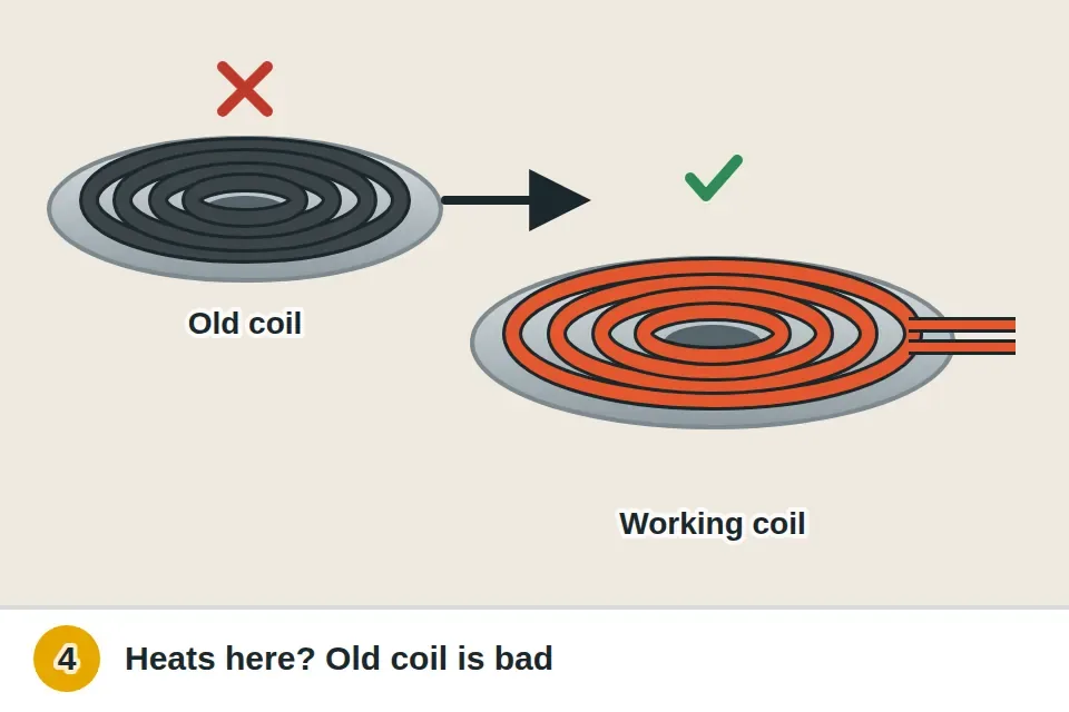 Coil from a working burner plugged into the dead burner's socket and glowing red, showing the old coil is the problem