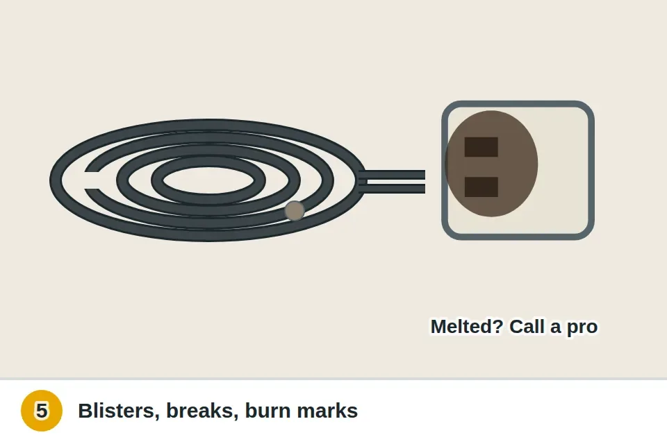Coil with a blister and a break next to a socket with blackened scorch marks inside