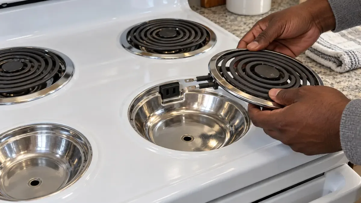 Lifting a coil burner out of its socket on a white electric range to test it