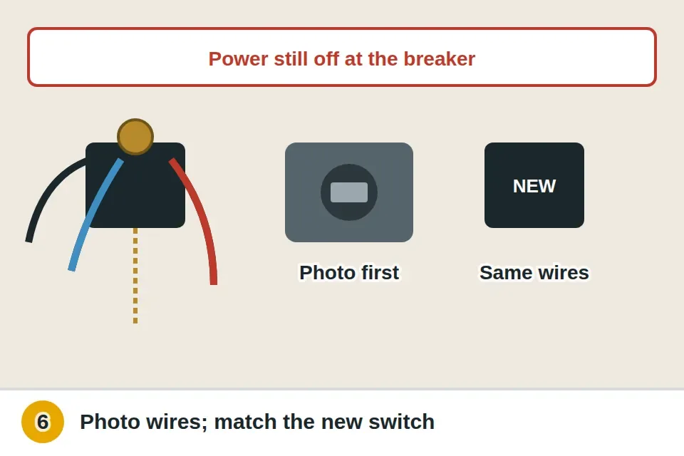 With power still off, the wires on the old pull chain switch photographed, its ring nut unscrewed, and a replacement with the same number of wires connected the same way