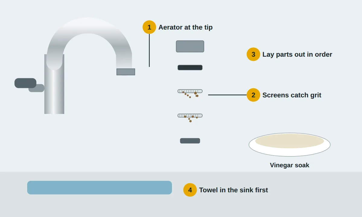 Faucet spout with the aerator removed and its parts laid out in order, grit caught in the screens, a vinegar soak and a towel in the sink