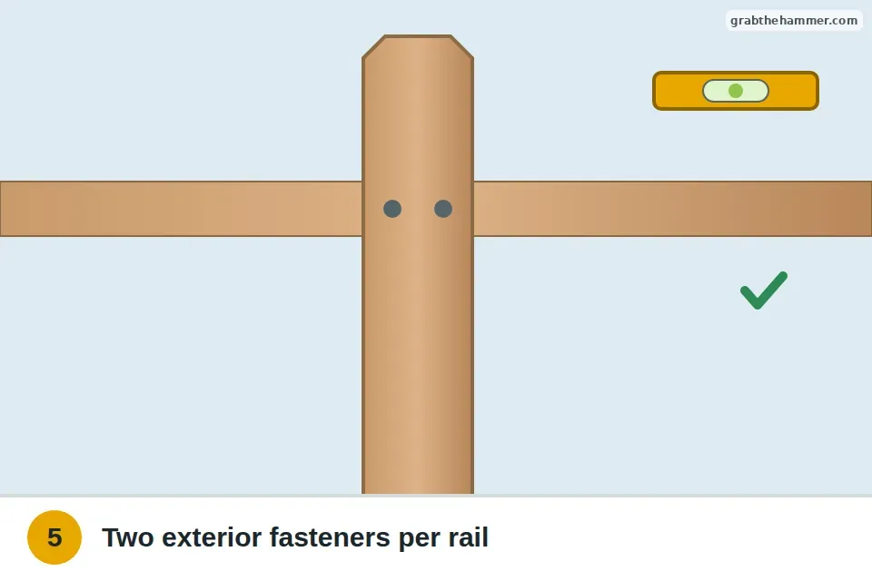 Two exterior screws driven into each rail through the new picket