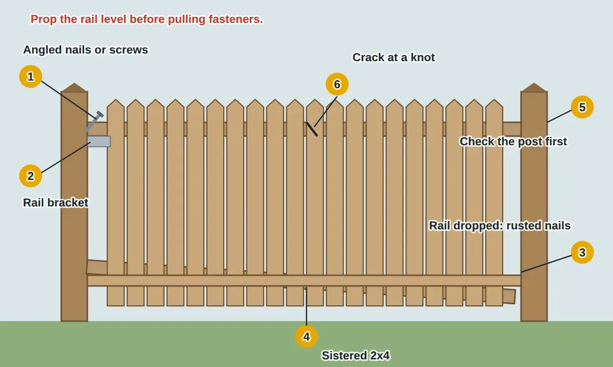 A wood fence section with two posts and two horizontal rails carrying pickets. On the left post, a rail end is fastened with galvanized nails driven at an angle and supported by a metal rail bracket. On the right post, the lower rail has dropped off its post with rusted nails, and a cracked rail is reinforced with a new 2x4 fastened alongside it. A loose, leaning post is marked to fix first.