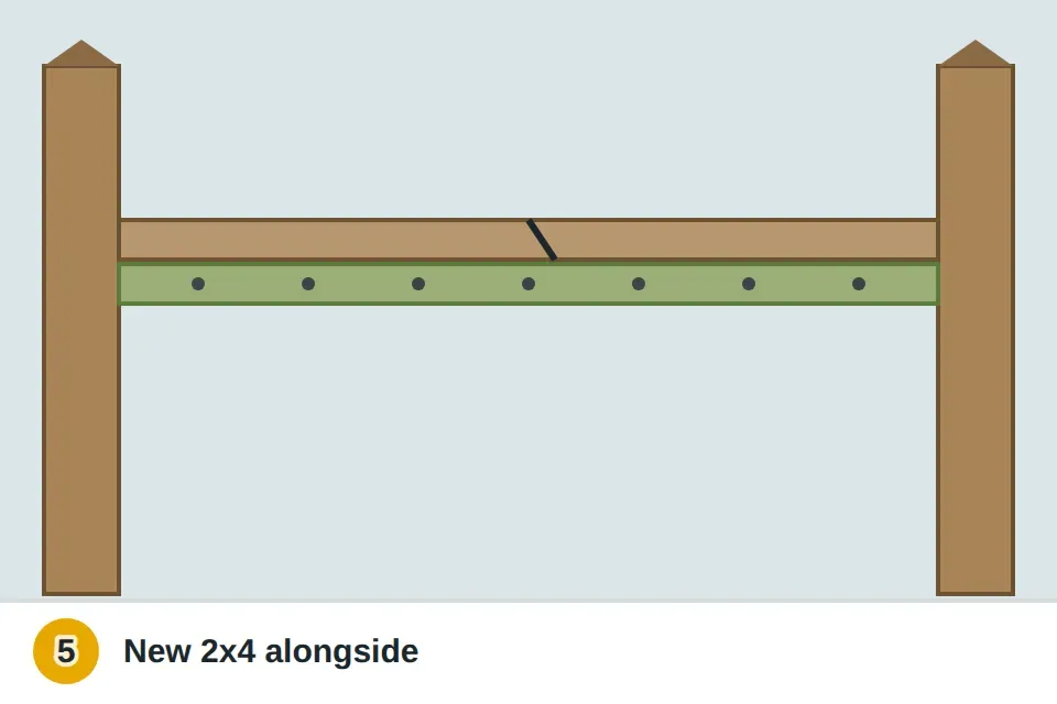 New pressure-treated 2x4 fastened alongside a cracked fence rail between two posts