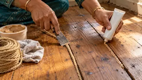 Pressing jute rope into a gap between old pine floorboards with a putty knife, wood filler beside it
