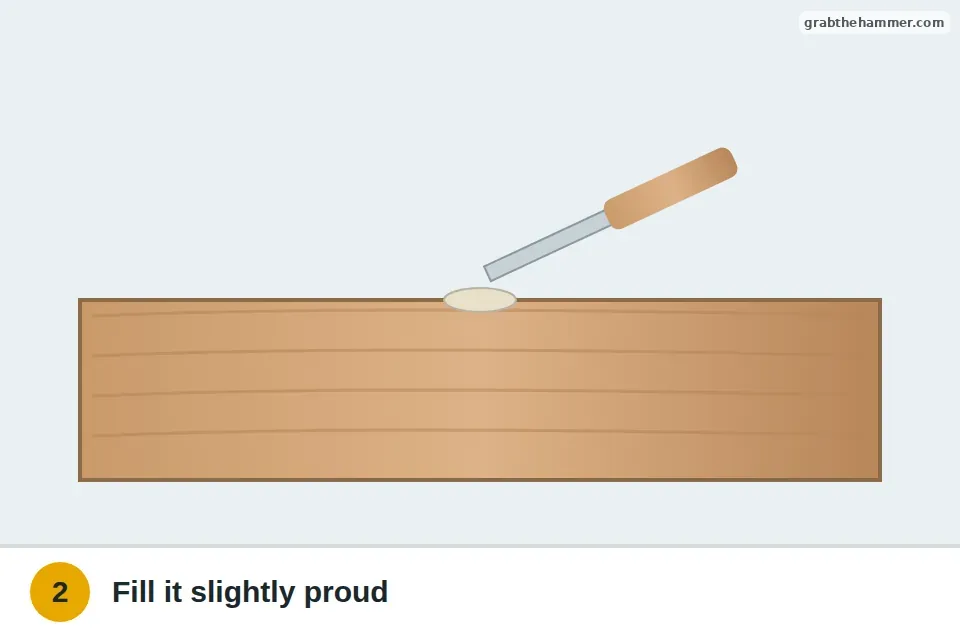 Putty knife pressing wood filler into a nail hole, left slightly raised