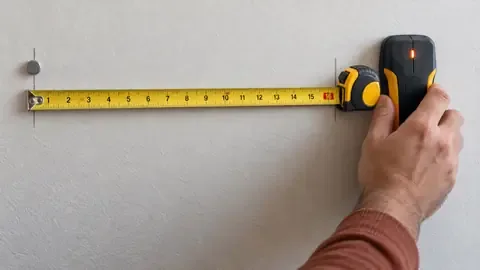 A stud finder sliding across a painted wall next to a tape measure, with a magnet marking a drywall screw