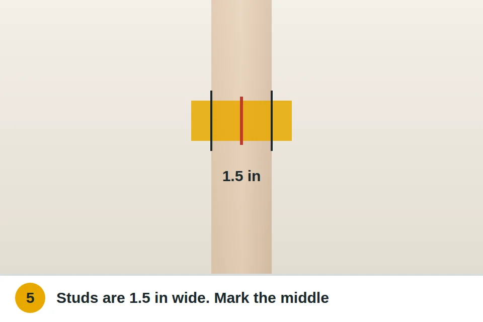 Both edges of a stud marked with painter's tape and the center line marked for drilling