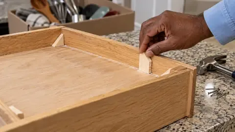 A hand pressing a small glue block into the joint under a drawer bottom on an upturned wooden drawer