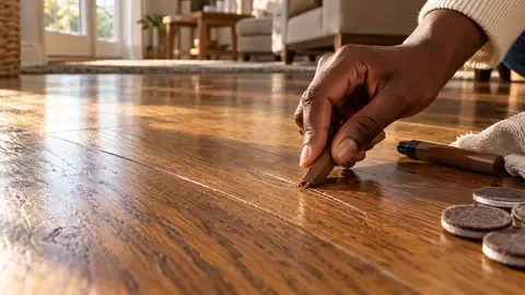 Hand filling a light scratch in a glossy hardwood floor with a wax repair stick, felt pads nearby