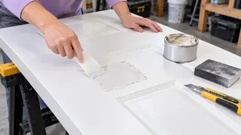 Spreading filler over a patched hole in a hollow-core door laid across sawhorses