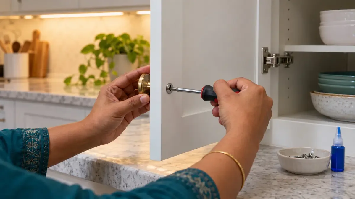 Tightening the screw behind a brass cabinet knob on a white shaker door