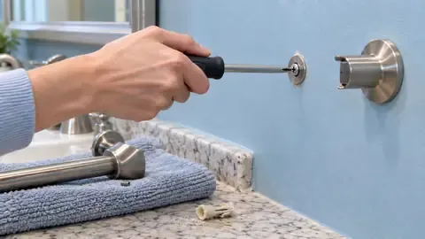 Tightening the set screw on a brushed nickel towel bar post against a light blue bathroom wall