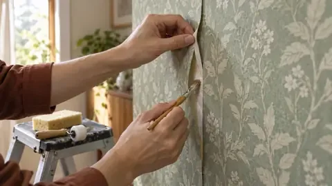 Brushing seam adhesive behind a lifted edge of green botanical wallpaper
