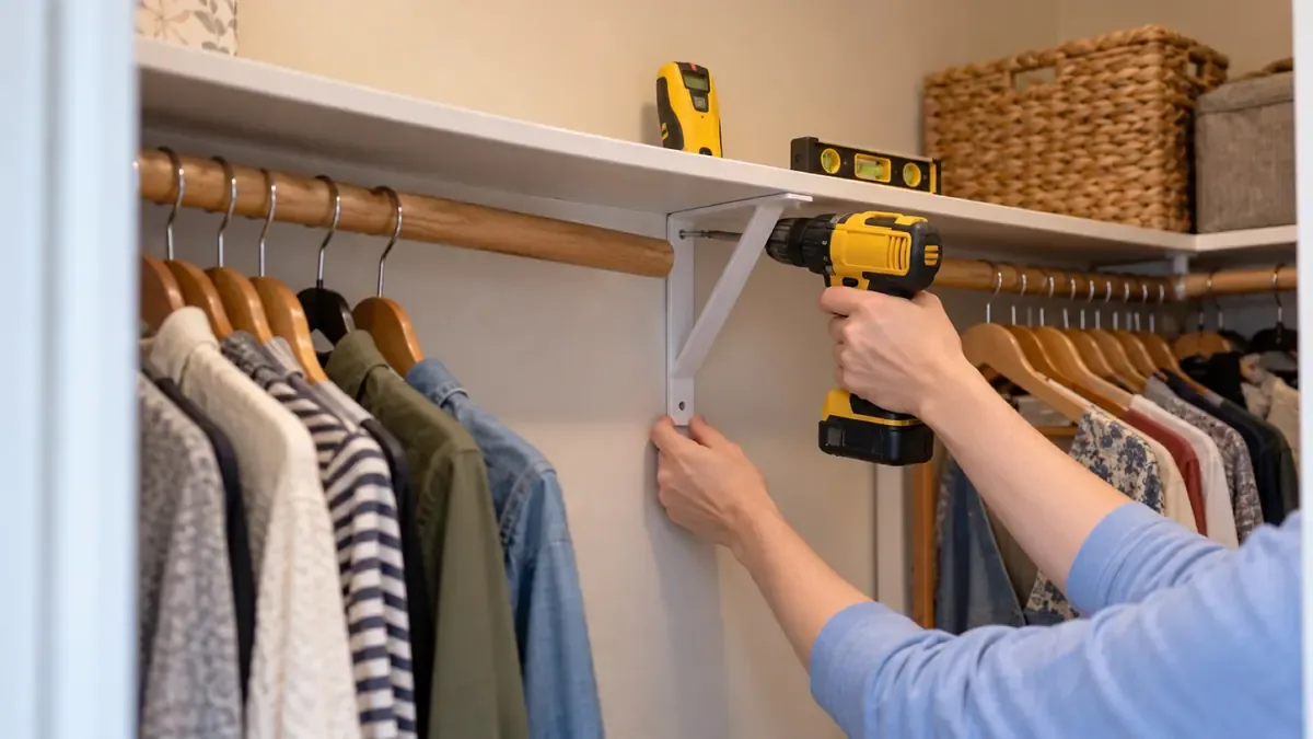 Screwing a shelf and rod support bracket into a stud under a sagging closet shelf