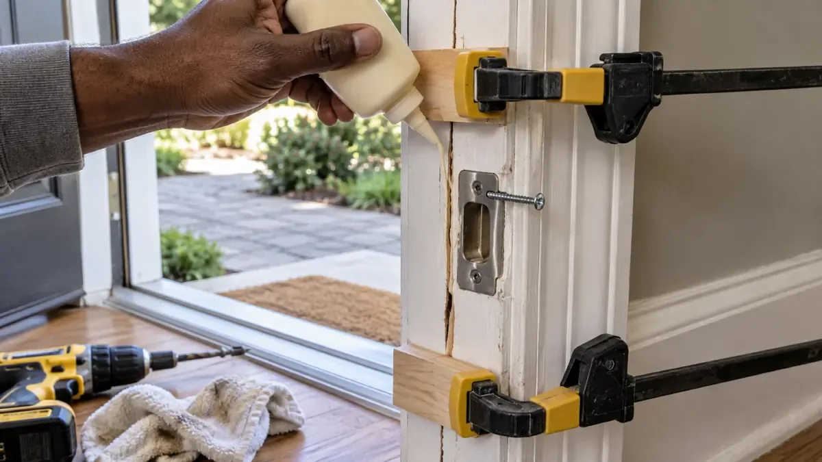 Gluing and clamping a split door jamb at the strike plate, with a long screw going in