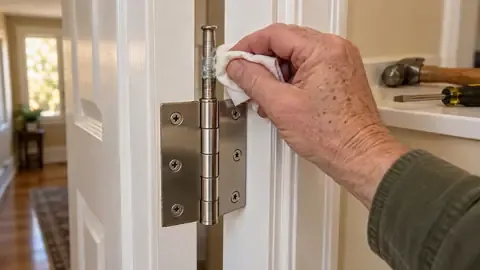 A hand wiping grease onto the pin of a door hinge, with a hammer and screwdriver on the shelf behind