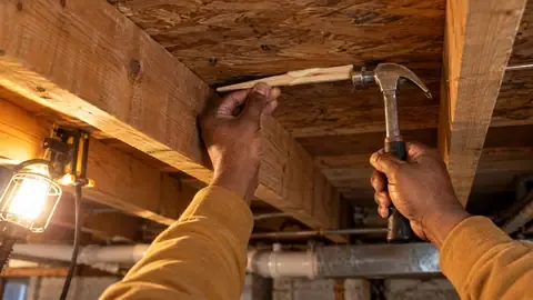 Hands tapping a wood shim into the gap between a floor joist and the subfloor from the basement, with a work light